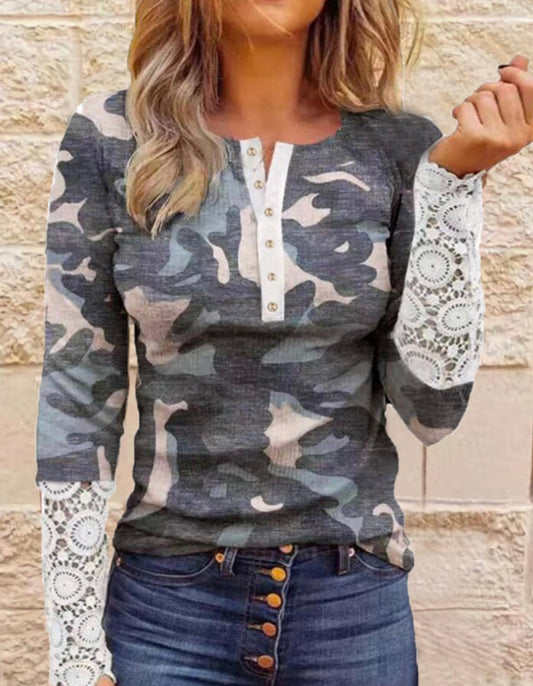 Camo Lace Sleeve Top