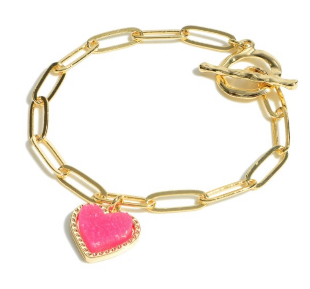 Chain Link Druzy Heart Charm Toggle Bar Bracelet-Multiple Colors Available