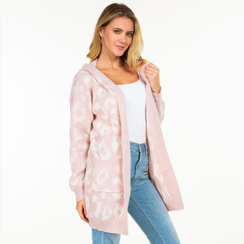 Knit Leopard Print Open Cardigan with Hood and Pockets