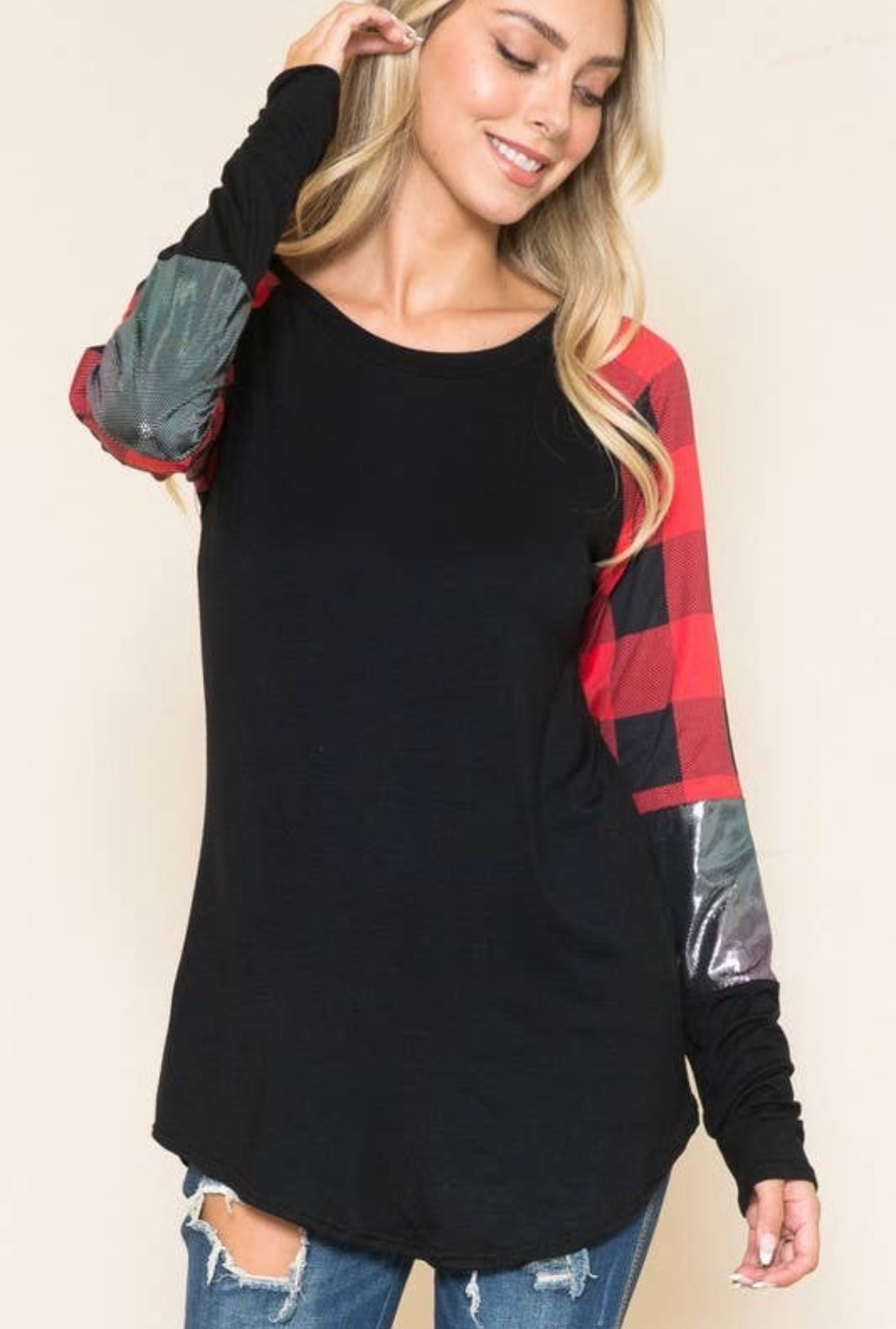 Acting Pro Red Plaid + Shimmer Contrast Long Sleeve Top