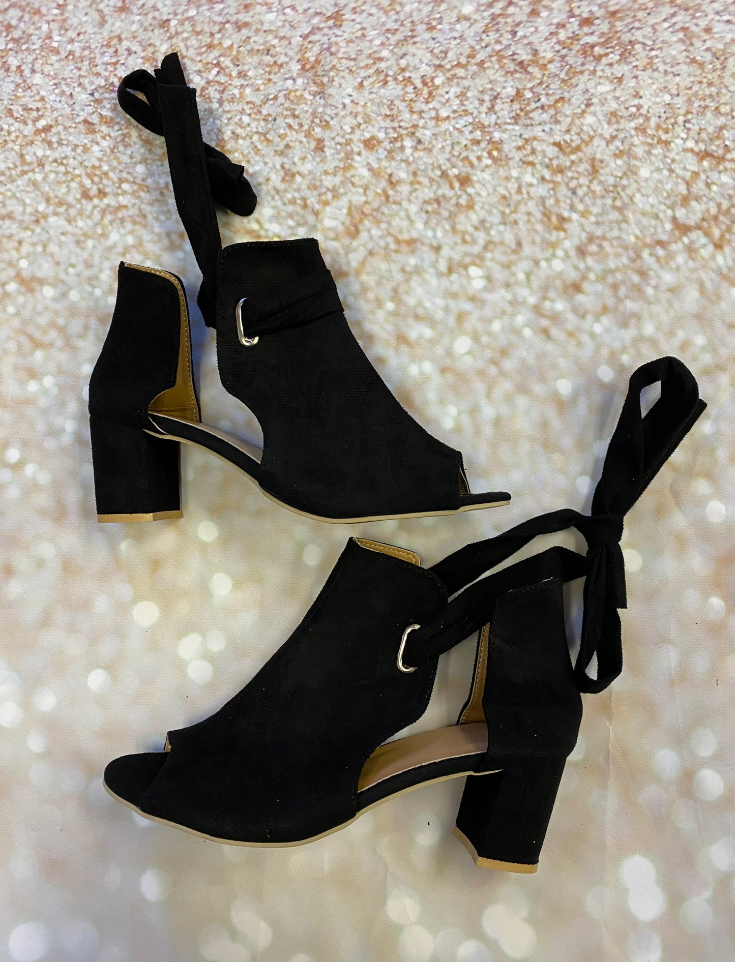 Suede Side Cutout Lace-Up Chunky Heels