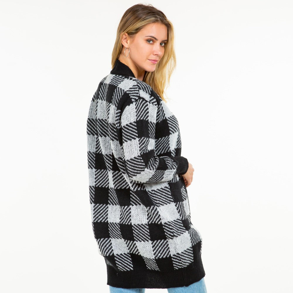 Knit Plaid Open Cardigan with Pockets