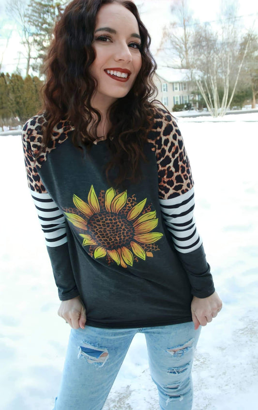 Lisa’s Leopard Striped Sleeve Sunflower Top