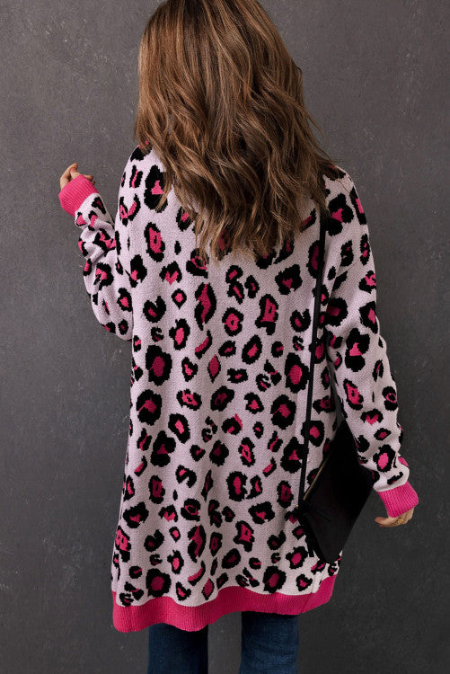 Rose Leopard Ribbed Trim Knitted Open Front Cardigan