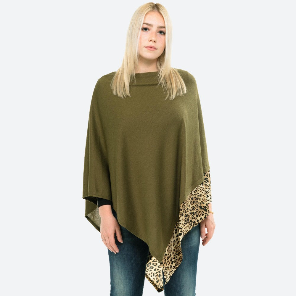 Leopard Trimmed Lightweight Knit Poncho-3 Colors