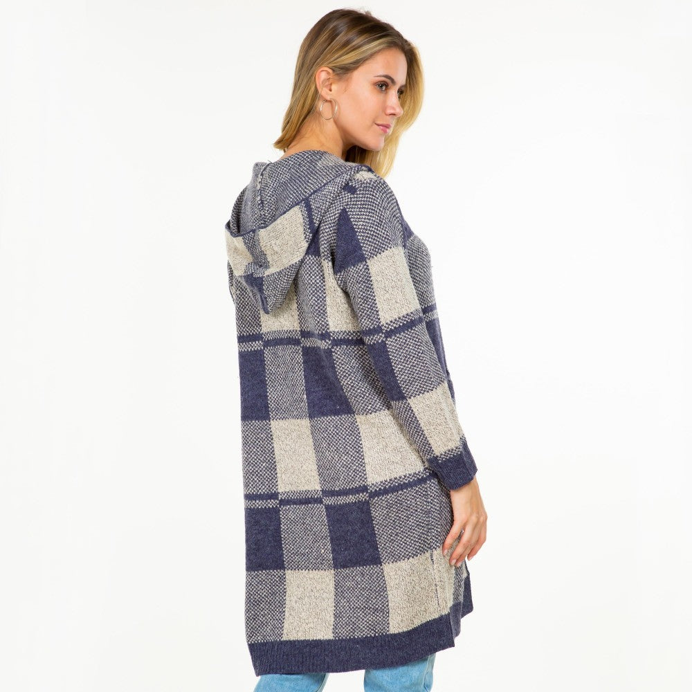 Knit Plaid Long Open Cardigan with Hood and Pockets