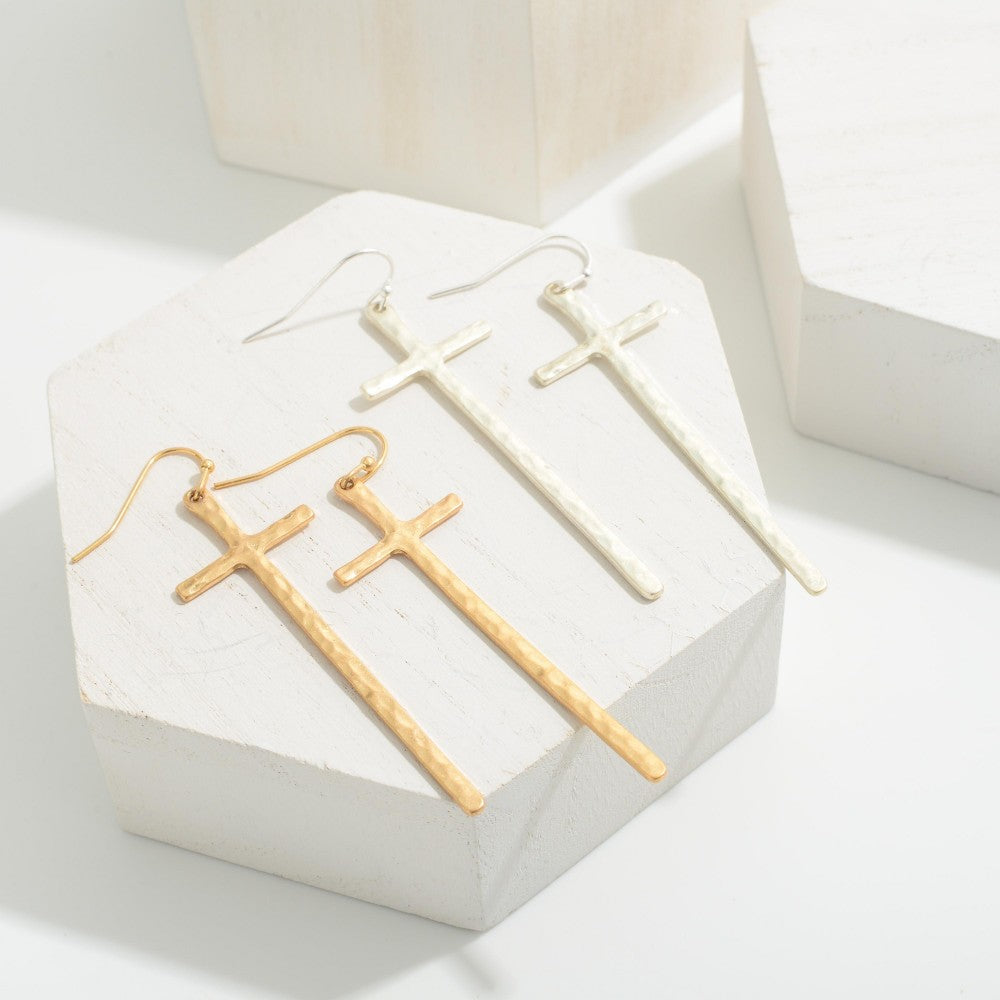 Long Textured Cross Earrings