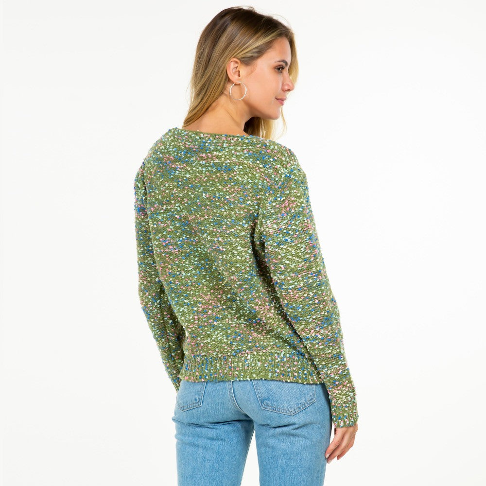 Green Knitted V-Neck Confetti Sweater