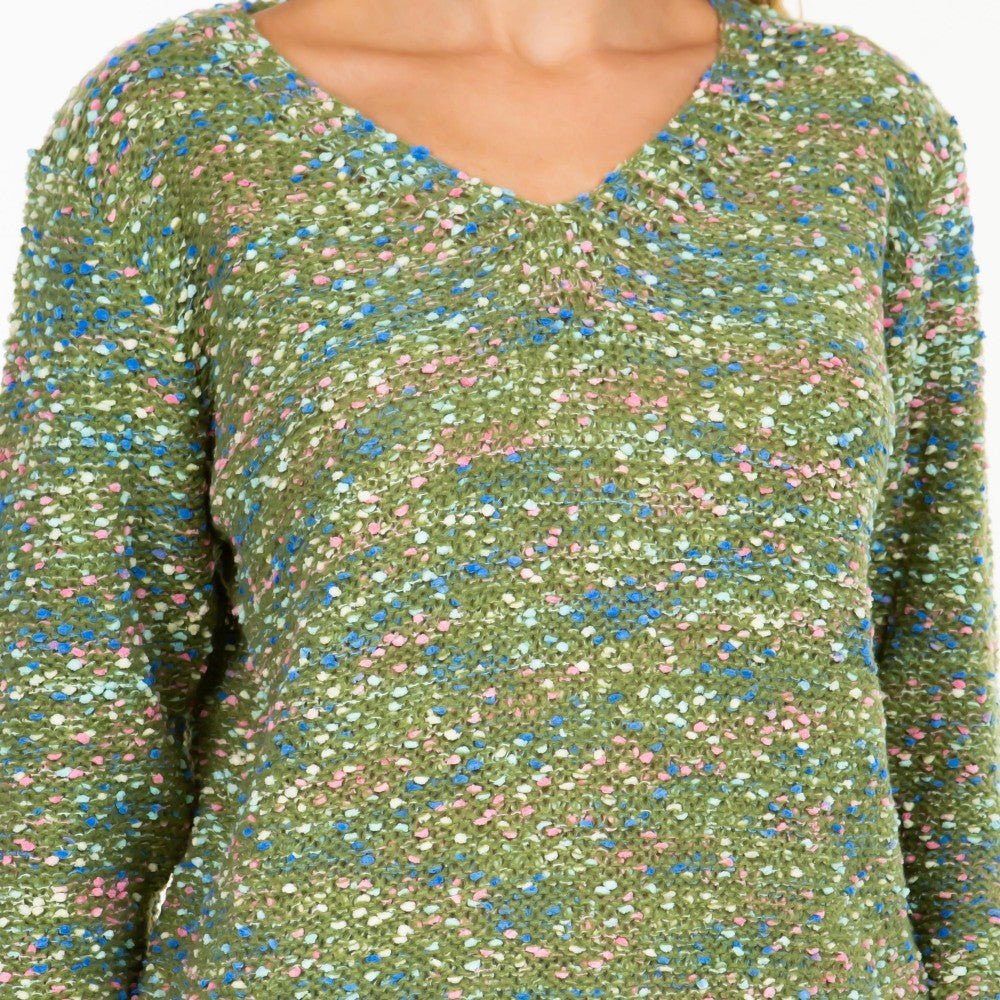 Green Knitted V-Neck Confetti Sweater