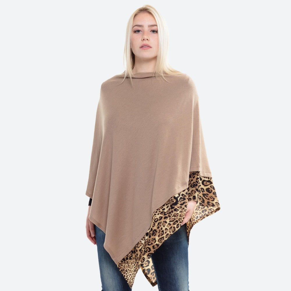 Leopard Trimmed Lightweight Knit Poncho-3 Colors