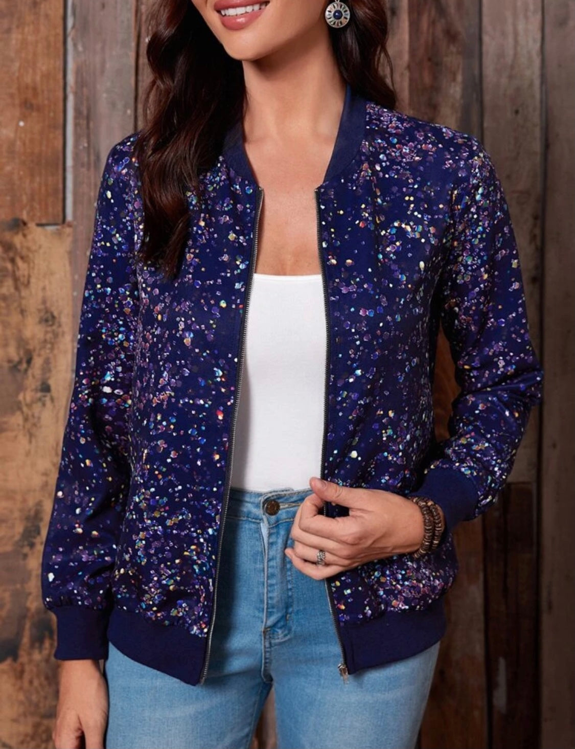 Navy Blue Confetti Bomber Jacket
