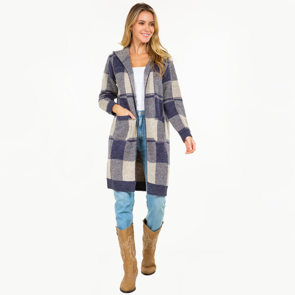Knit Plaid Long Open Cardigan with Hood and Pockets
