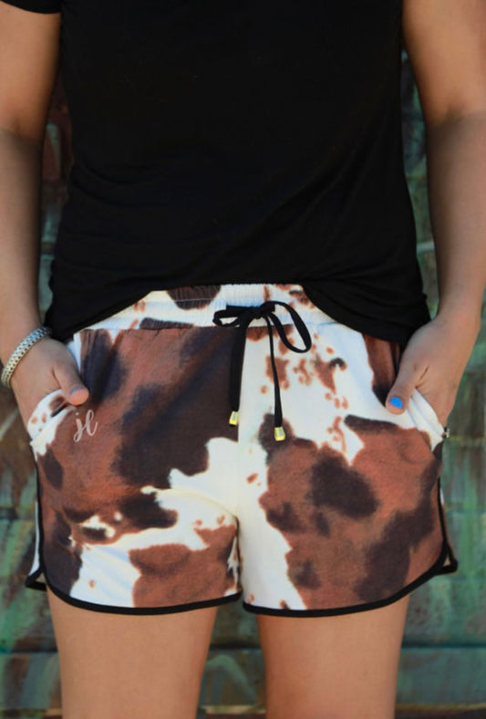 Brown Cow Print Drawstring Shorts