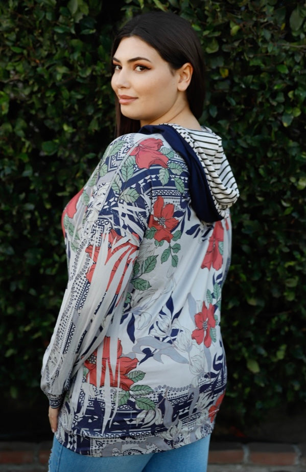 Navy Rust Flower Print Contrast Striped Hooded Zip Up Full Size Run