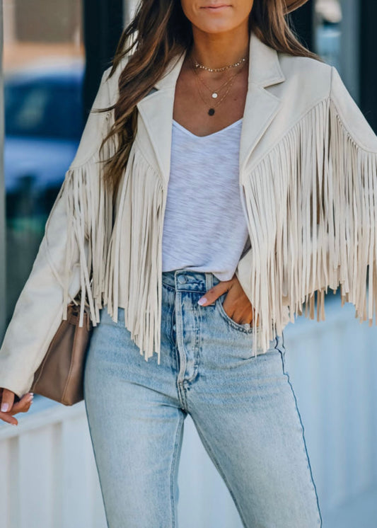 White Cropped Faux Suede Fringed Jacket