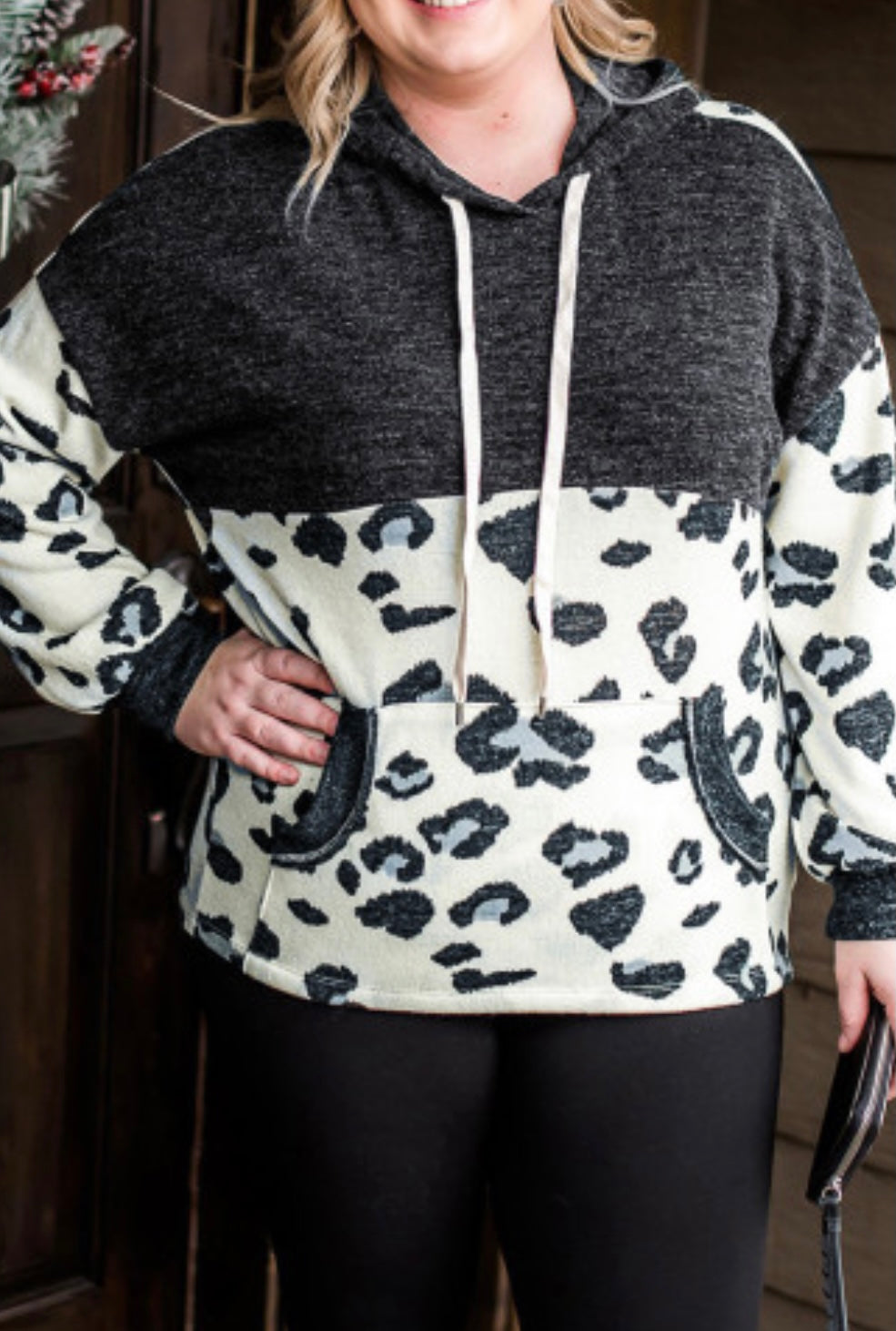 Leopard Splicing Pocket Hoodie-Curvy