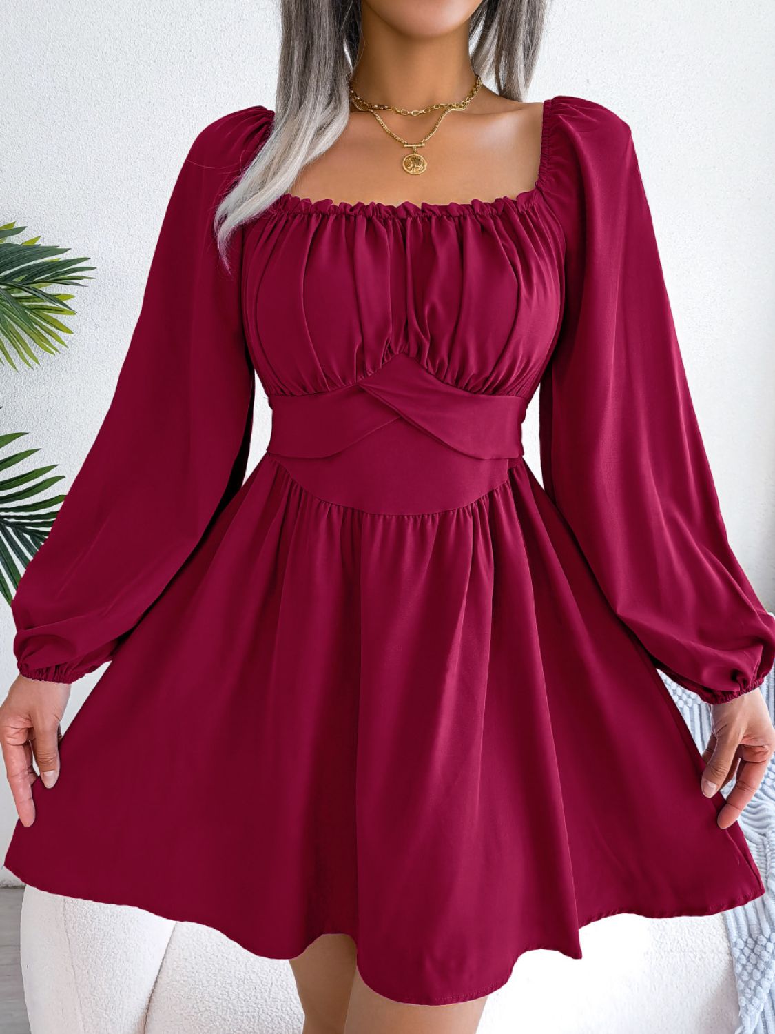 Tied Square Neck Balloon Sleeve Dress Banks Boutique Tied Square Neck Balloon Sleeve Dress Banks Boutique