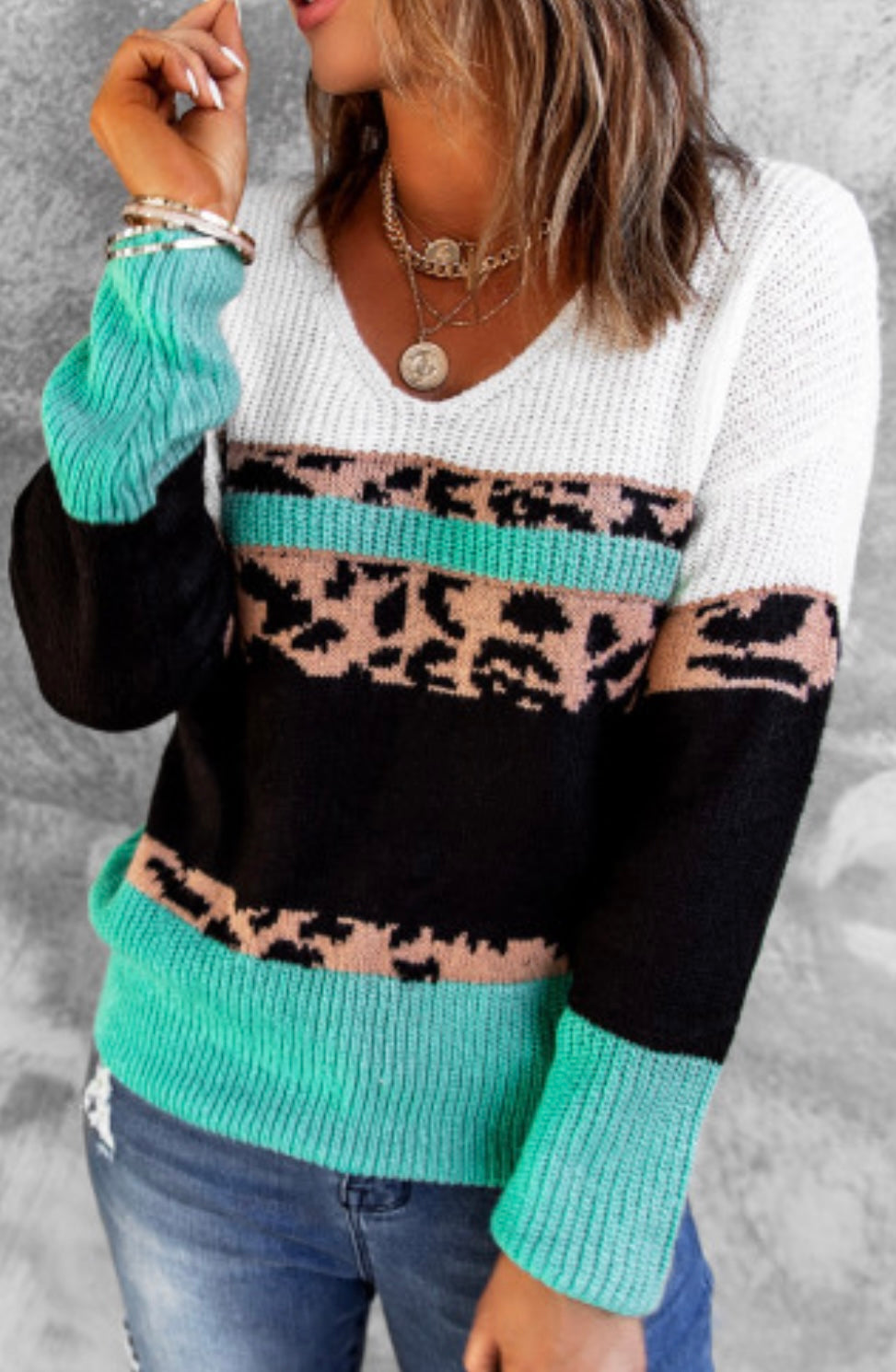 Leopard Print Color Block V Neck Sweater