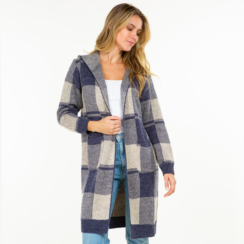 Knit Plaid Long Open Cardigan with Hood and Pockets