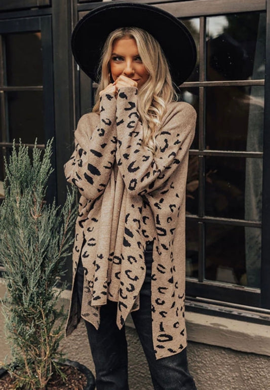 Khaki Leopard Print Oversized Sweater With Side Slits