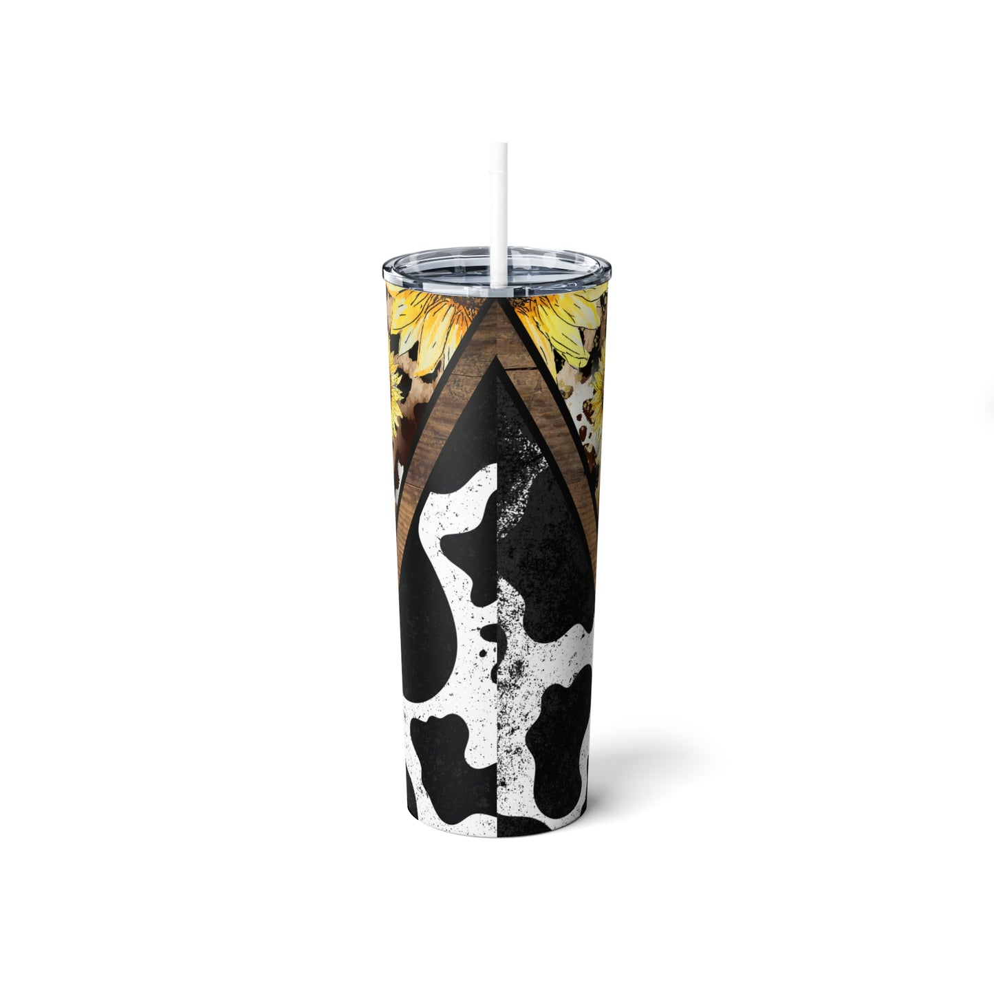 Sunflowers Cow Print Skinny Steel Tumbler with Straw, 20oz