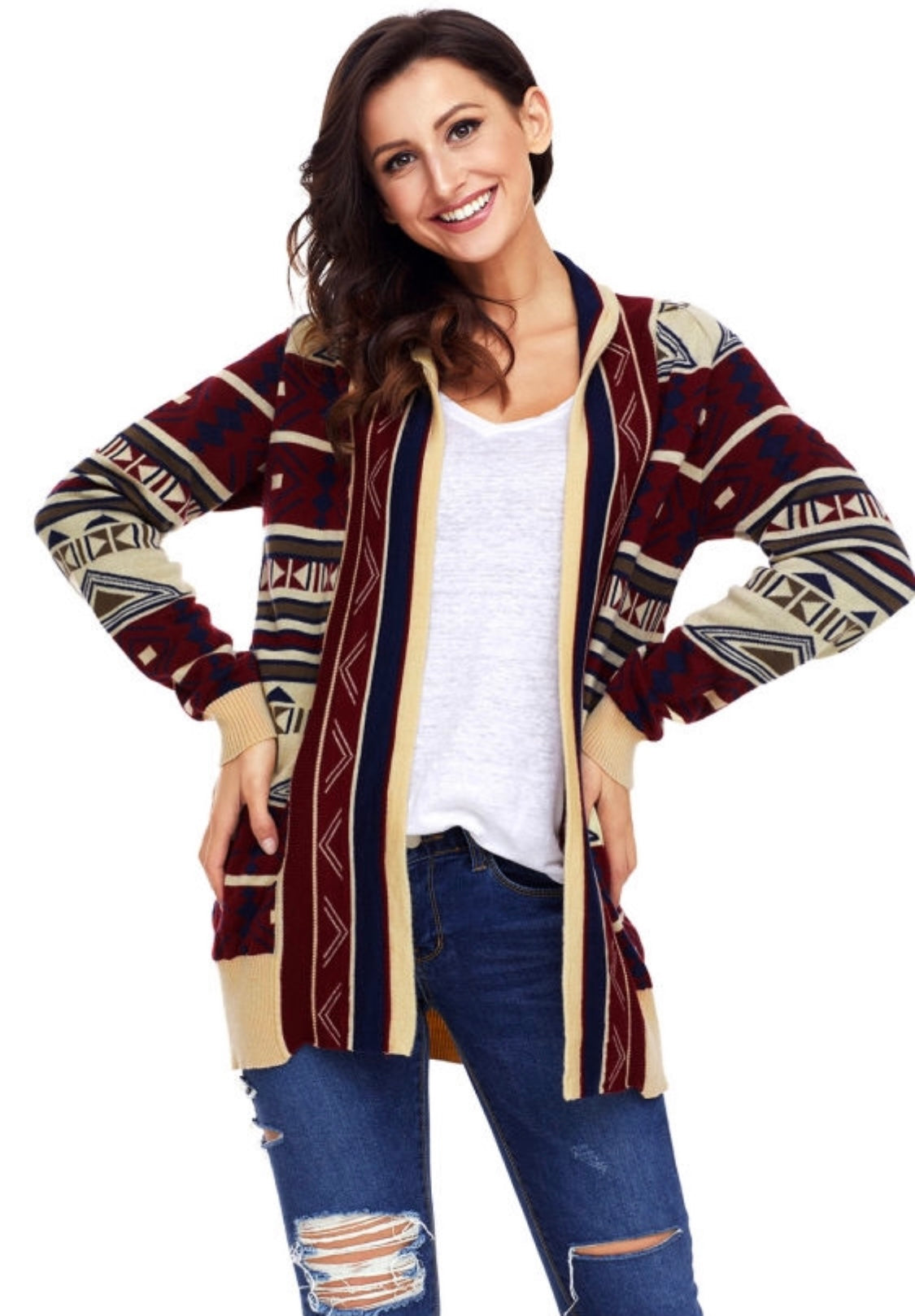 Multi Directional Aztec Print Open Front Cardigan