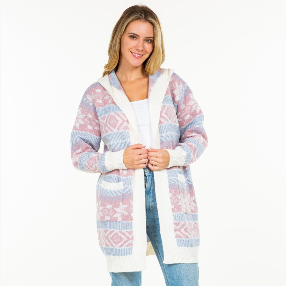 Hooded Knit Abstract and Nordic Snowflake Printed Open Hooded Cardigan