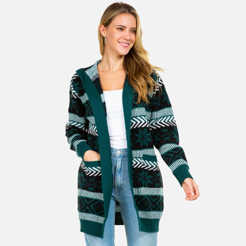 Hooded Knit Abstract and Nordic Snowflake Printed Open Hooded Cardigan