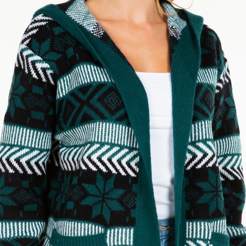 Hooded Knit Abstract and Nordic Snowflake Printed Open Hooded Cardigan