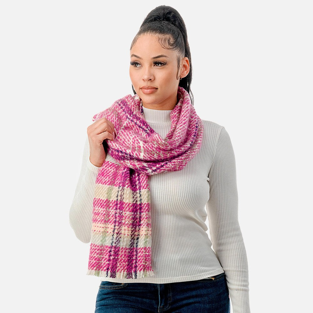 Fuzzy Plaid Scarf With Fringe Hemline-3 Colors