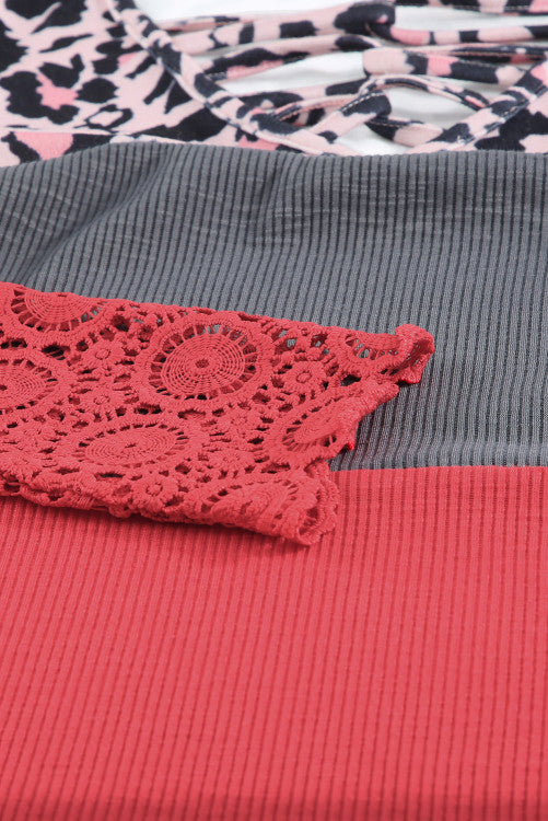 Lace Splicing Hollow-out Leopard Color Block Top