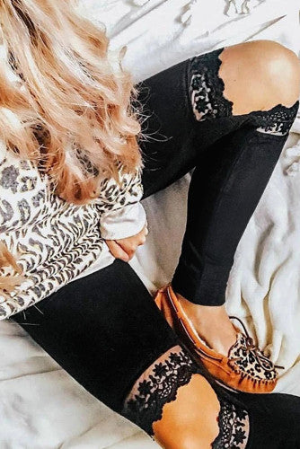 Black Hollowed Out Lace Skinny Leggings