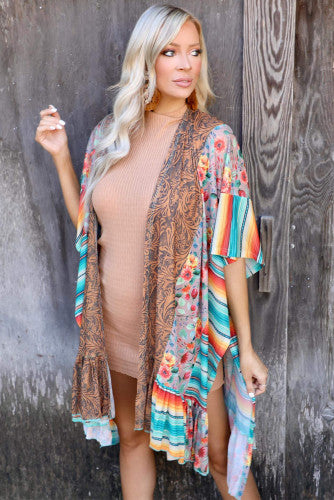 Paisley Floral & Serape Splicing Ruffled Kimono