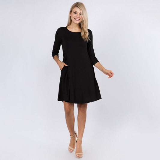 Black 3/4 Sleeve Swing Dress W/ Pockets