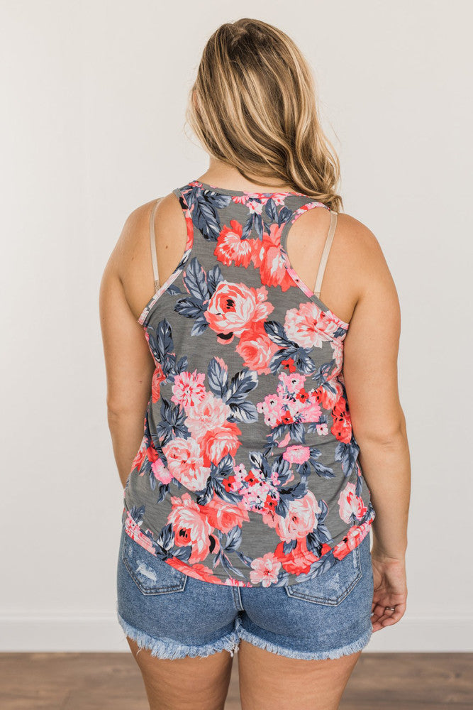 Grey Plus Size Floral Racerback Tank Top