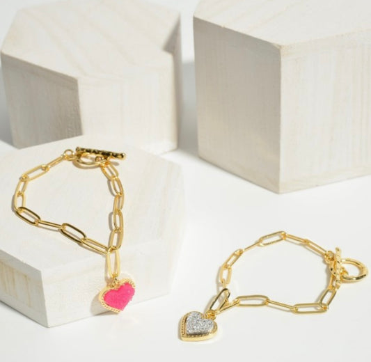 Chain Link Druzy Heart Charm Toggle Bar Bracelet-Multiple Colors Available