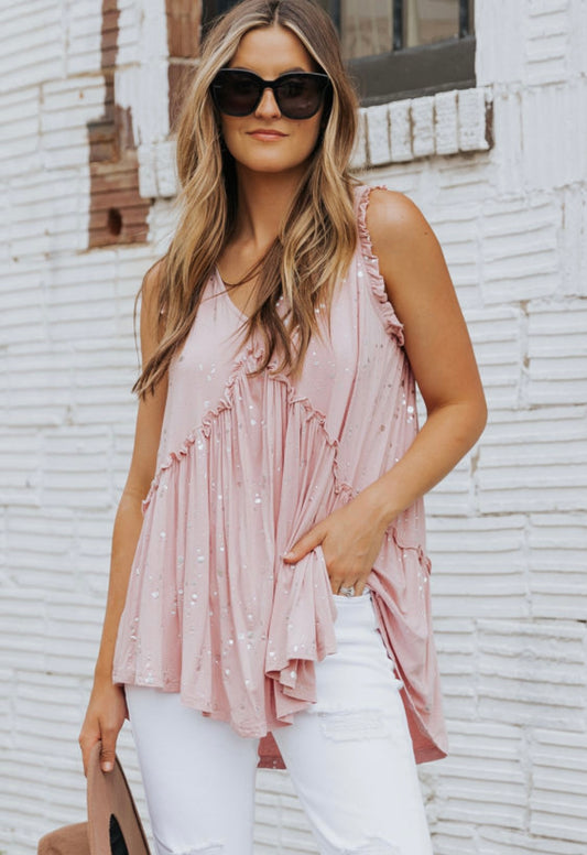 Blushing Foiled Splatter Ruffled Babydoll Top