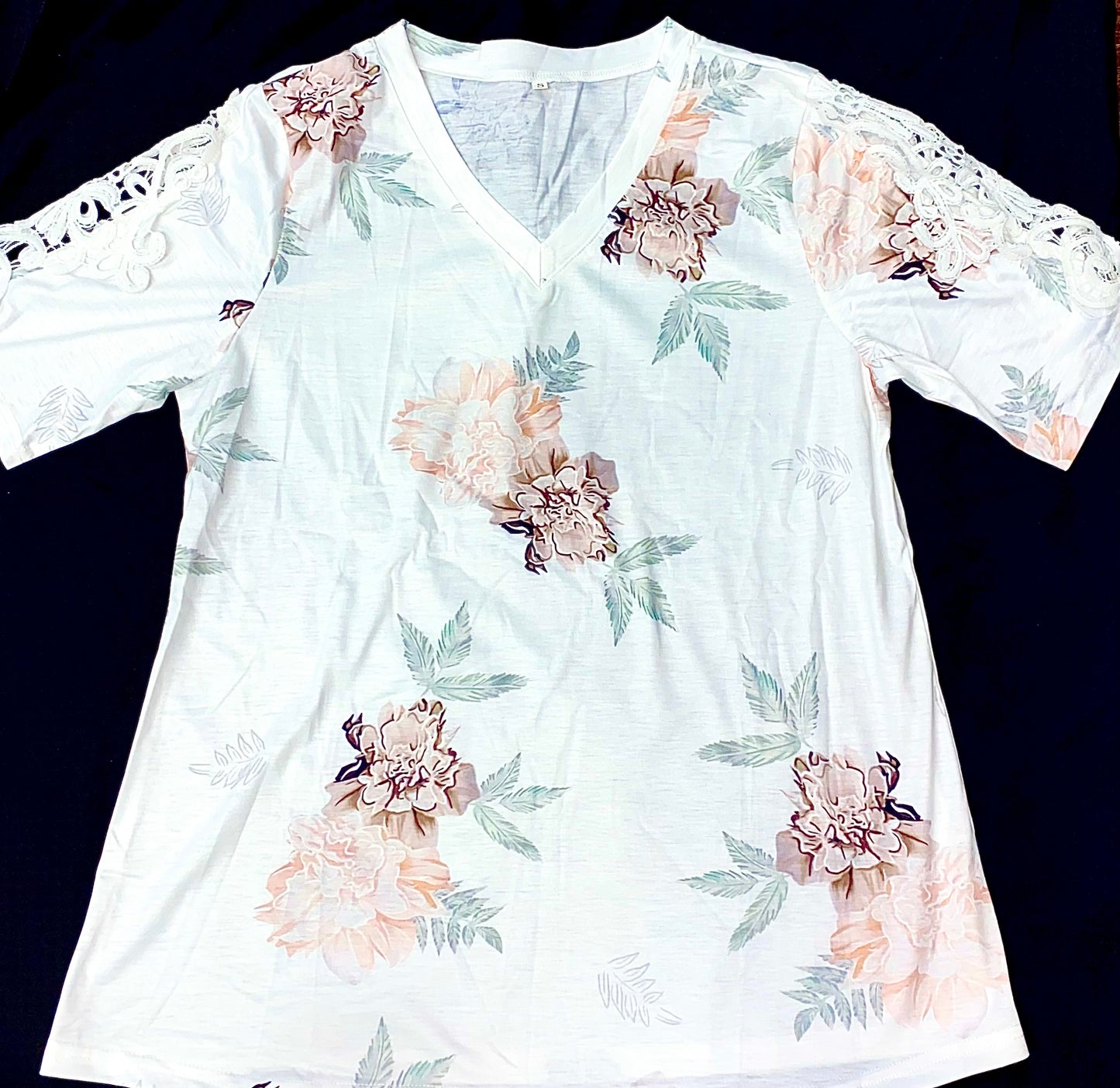 Floral V-Neck Crochet Sleeve Top