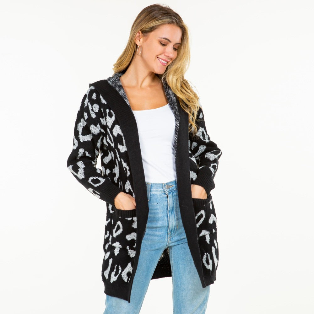 Knit Leopard Print Open Cardigan with Hood and Pockets