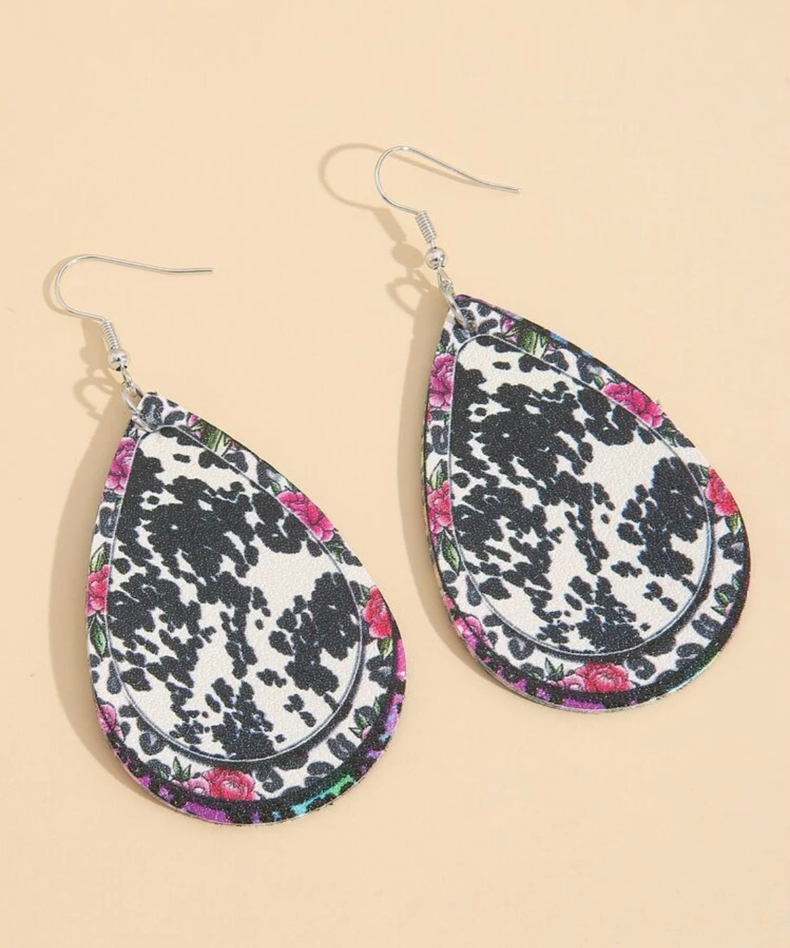 Floral + Cow Print Water Drop Earrings