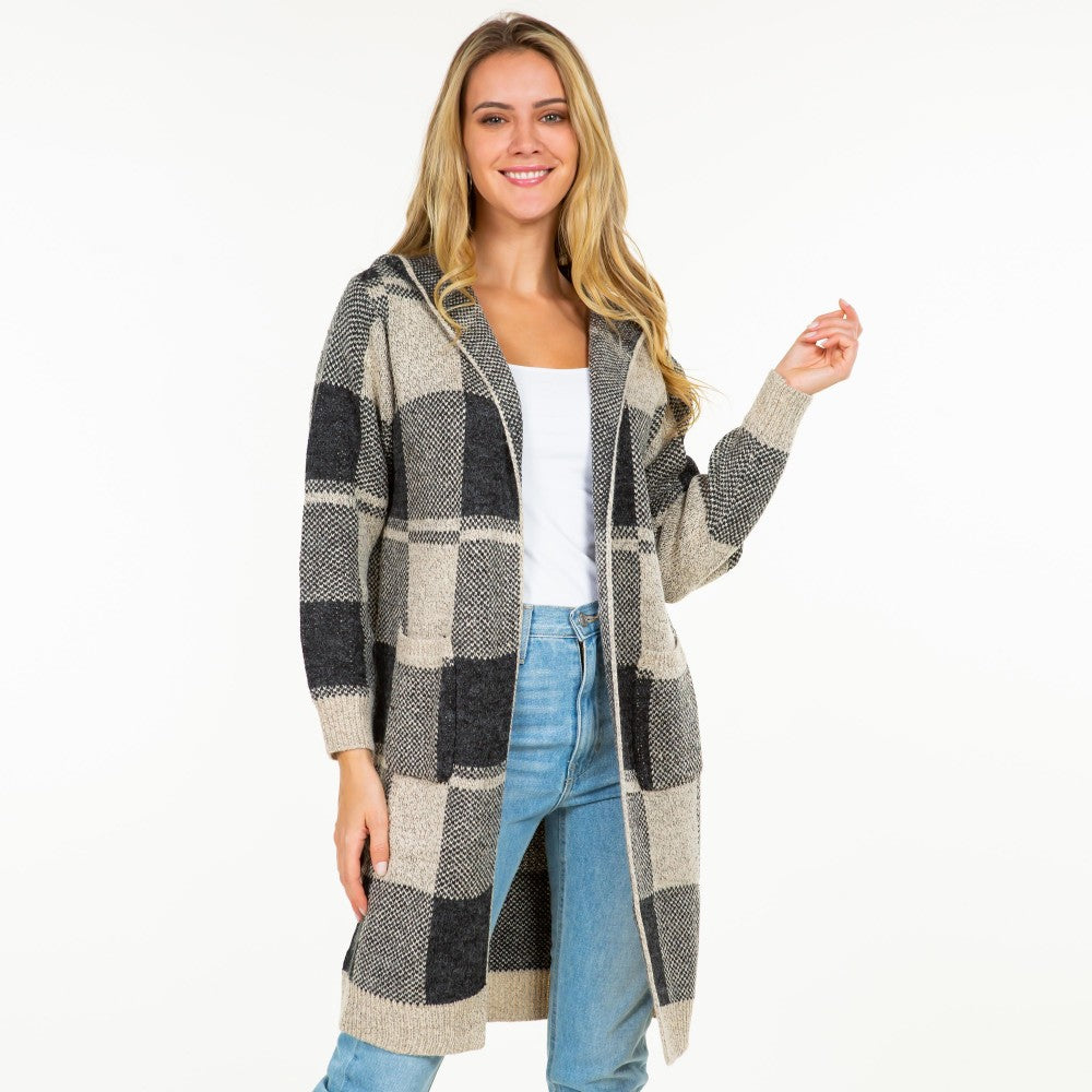 Knit Plaid Long Open Cardigan with Hood and Pockets