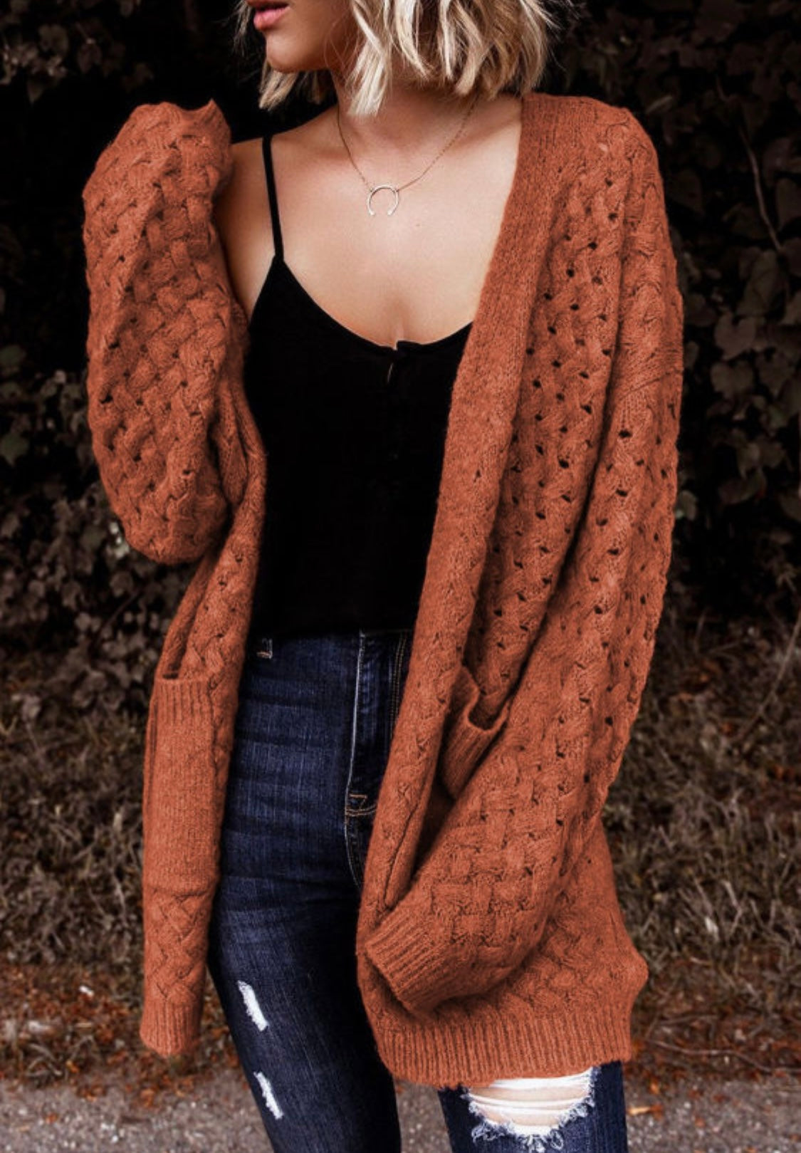 Brown Woven Texture Open Front Cardigan