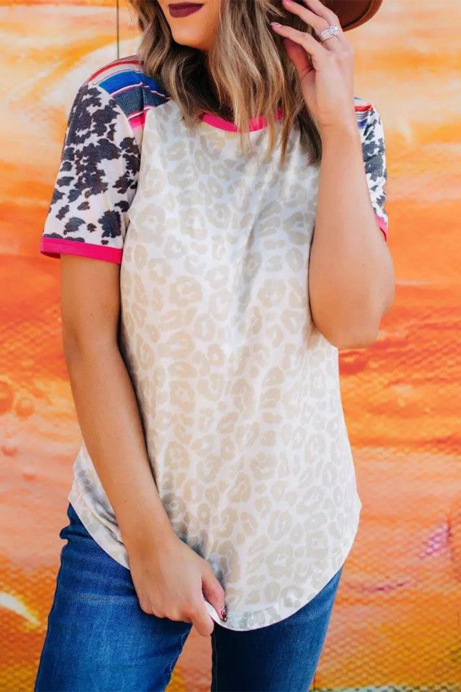 Leopard Cow Colorful Striped Splicing Print Top