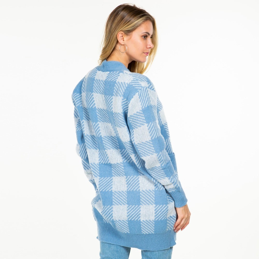 Knit Plaid Open Cardigan with Pockets