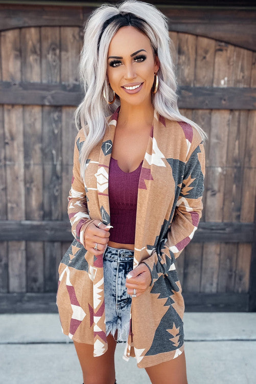 Western Aztec Print Open Front Cardigan