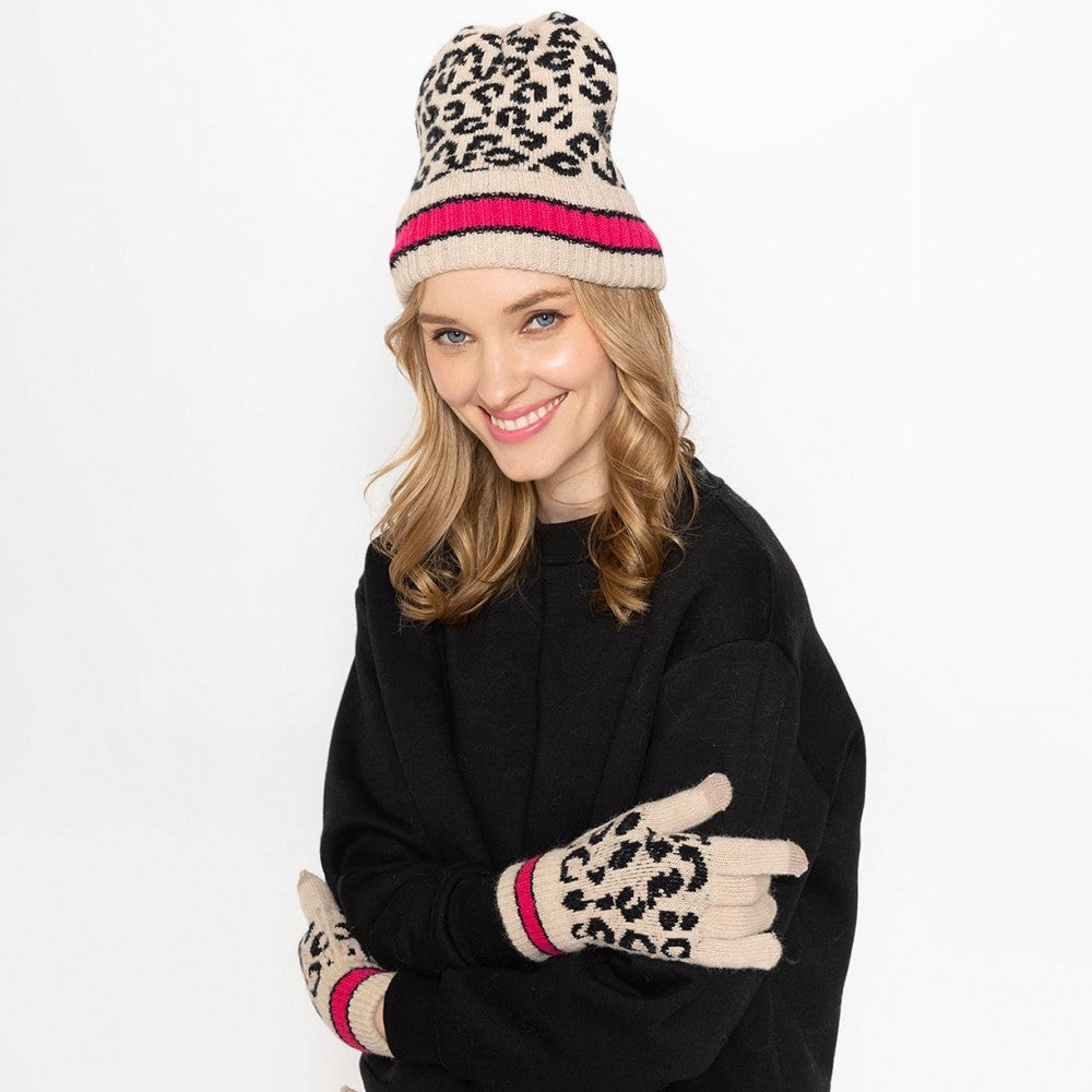 Leopard Print Knit Beanie With Stripe