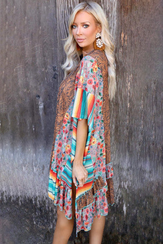 Paisley Floral & Serape Splicing Ruffled Kimono