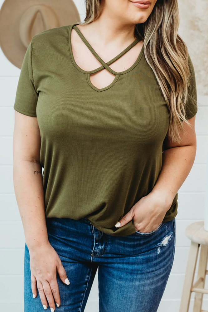 Green Olive Plus Size Crisscross Ribbed Knit Top-Curvy