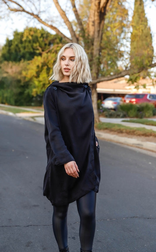 Edgy Black Asymmetrical Draped Zip Up Wide Lapel Collar Hooded Jacket