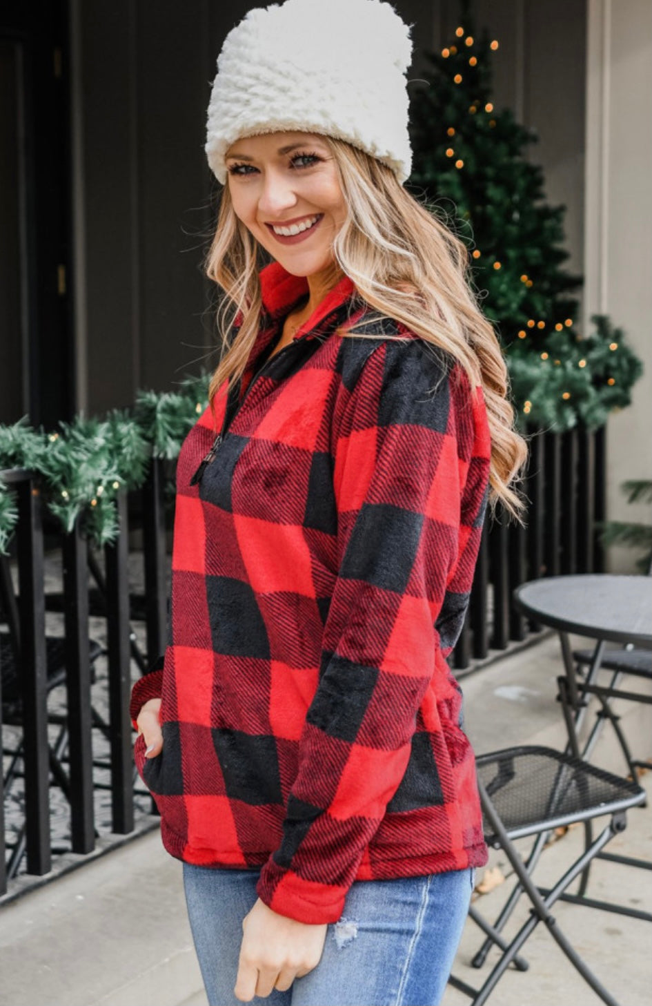Red Plaid, B&W plaid, & Leopard Prints 1/4 Zip Turn-down Collar Sweatshirt